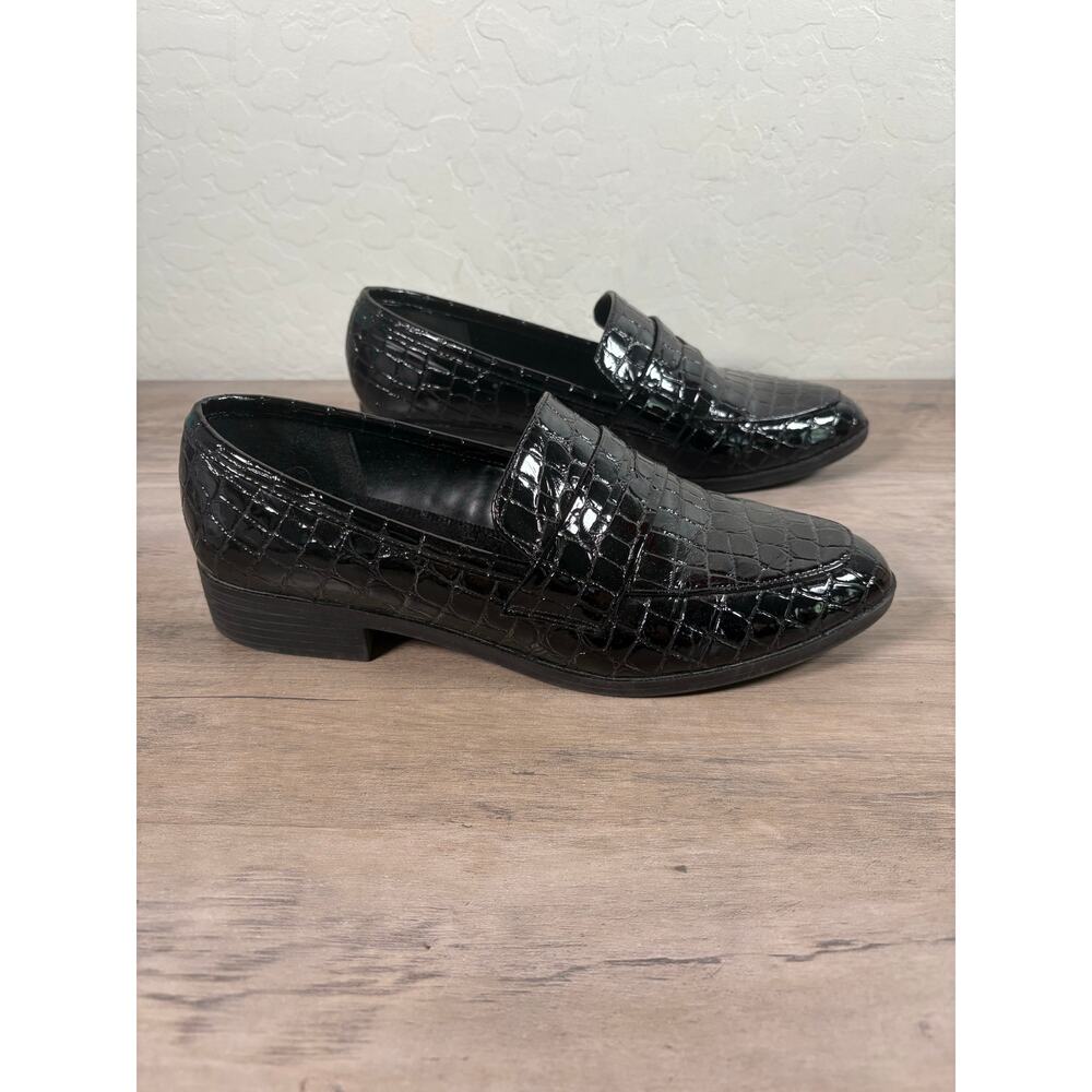 Aldo Black Croc‎ Embossed Patent Leather Loafers Almond Toe Block Heel Shoes